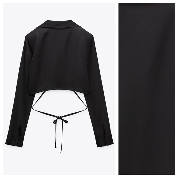 NWT. Zara Black Satin Long Sleeves Collared Cropped Shirt with Ties. Size S. - Picture 5 of 8
